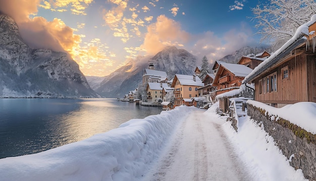 a snowy scene with a lake and mountains in the background