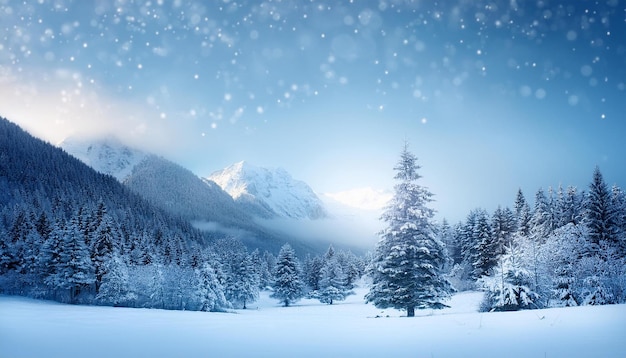 Photo a snowy scene with a mountain in the background