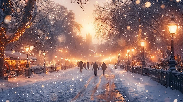 a snowy scene with people walking in the snow