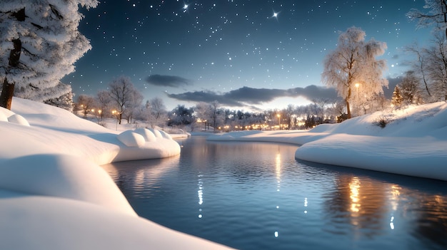 Photo a snowy scene with a river and the sky with a star shaped light