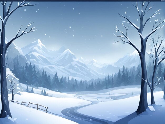 a snowy scene with a road and a snowy mountain