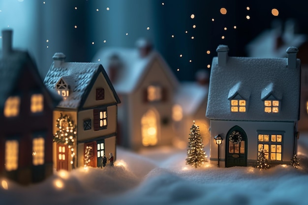 A snowy scene with a small house and christmas trees.