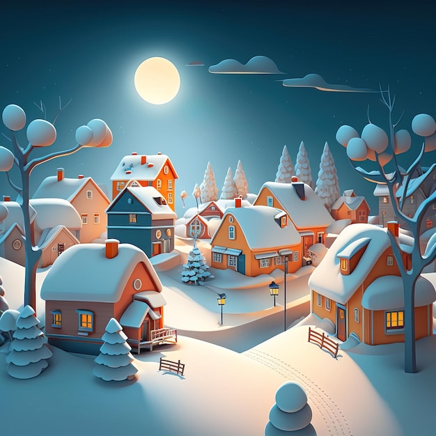 A snowy scene with a snowy village and a full moon.