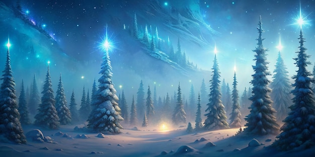 a snowy scene with a star shaped sky and trees