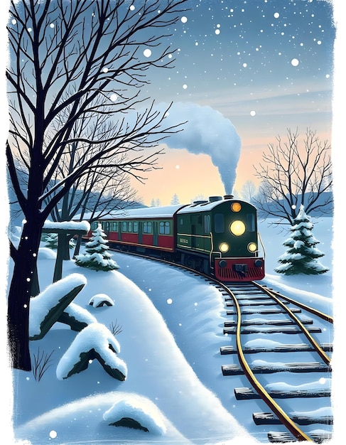 Photo a snowy scene with a train for a festive christmas illustration