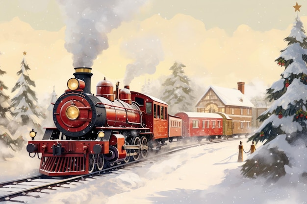 A snowy scene with a train for a festive christmas illustration