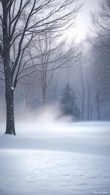 a snowy scene with a tree in the background and a snowflake in the foreground