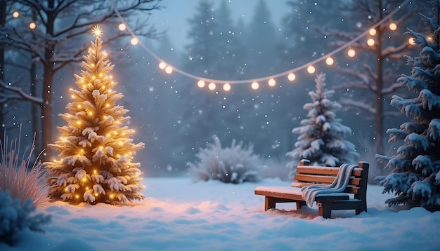 Photo a snowy scene with a tree and a bench with lights around it