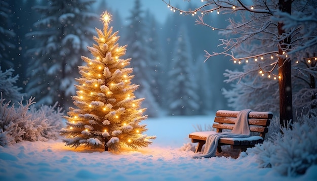 a snowy scene with a tree and a bench with lights on it