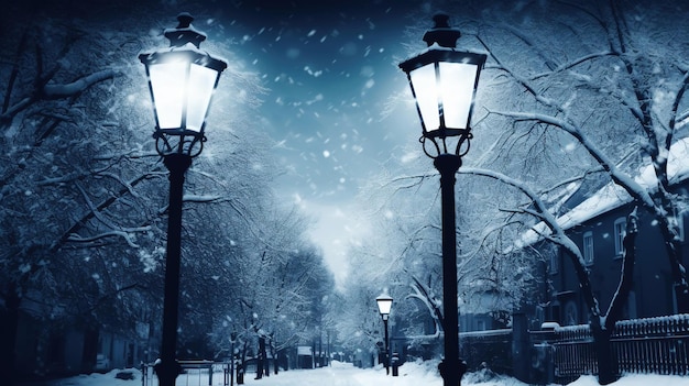 A snowy scene with two street lamps in the snow.