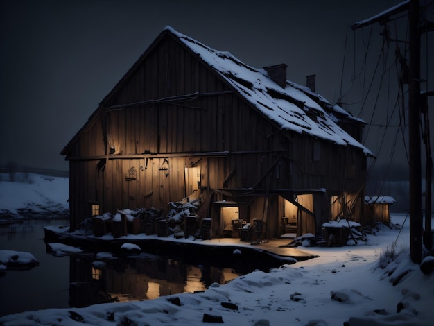 A snowy scene of a wooden building with a boat in the foreground and a boat in the background.