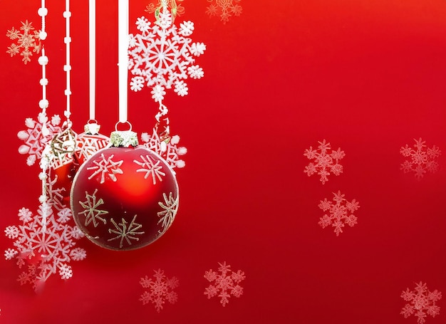 Snowy sprigs of pine caramel cane chrismas balls and snowflakes isolated on red background Copy space for your text