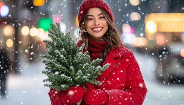 Snowy Street Festive Cheer Woman Holds Christmas Tree Amidst Falling Snow City Lights Glowing