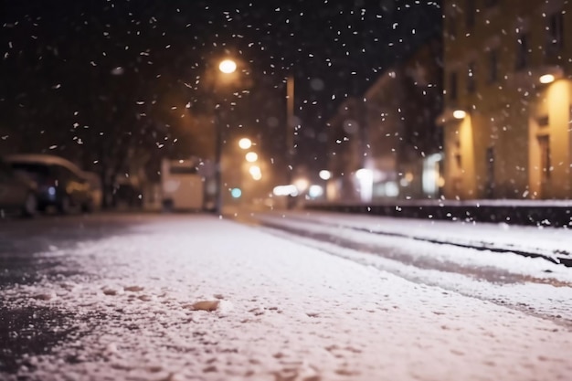 Snowy street slush and snow in the city