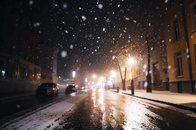 Snowy street slush and snow in the city