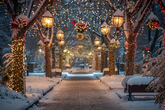 Photo snowy street with christmas lights and decorations in a park festive and colorful