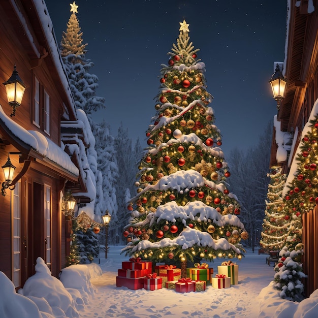 A snowy street with a christmas tree and a sign that says christmas