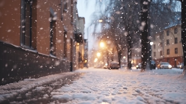 a snowy street with a few bushes and a lamp post