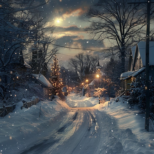 a snowy street with a house and a street light in the background