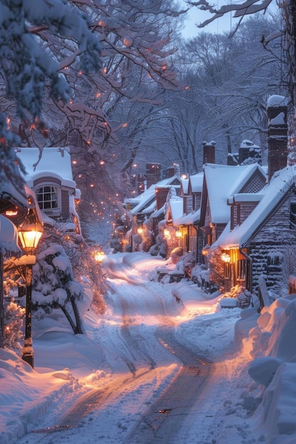 Snowy Street With Illuminated Houses And Streetlights