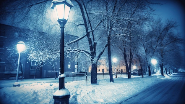 A snowy street with a lamp post in the snow