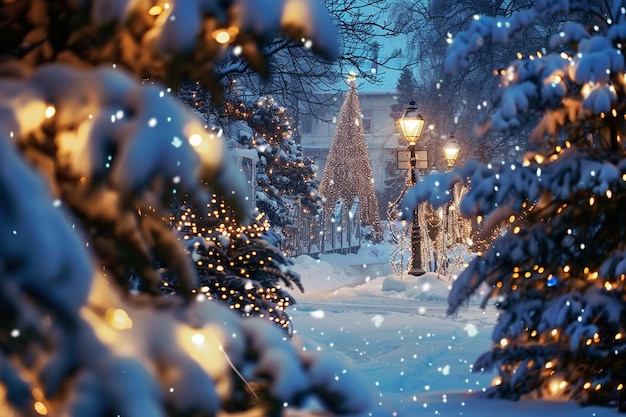 Photo a snowy street with a lantern and a street lamp in the snow