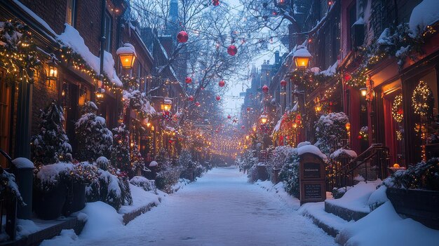 Photo a snowy street with lights and a sign that says christmas