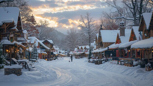 a snowy street with a man walking in the snow