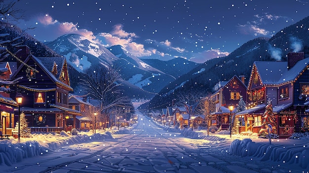 a snowy street with a snowy mountain in the background