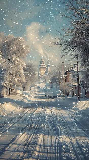 a snowy street with a tower in the background