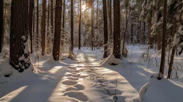 A snowy trail in the woods with a sun shining on the snow.