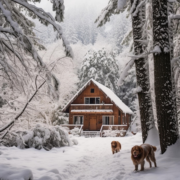 Snowy tree with a cabin and a dog beautiful image Ai generated art