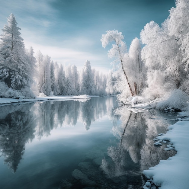 Snowy trees are reflected in the still water of a river generative ai