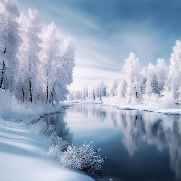 Snowy trees line the bank of a river in a snowy landscape generative ai