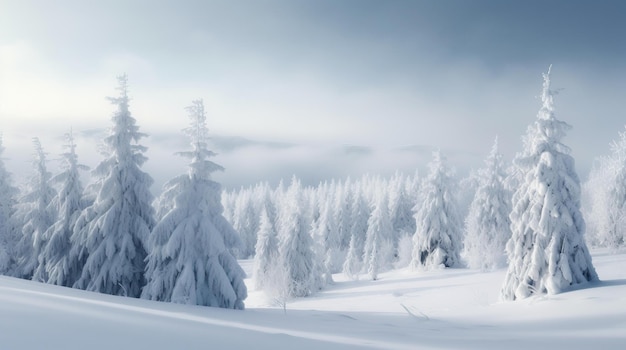 Snowy trees in the mountains with a blue sky in the background