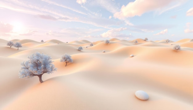 Snowy trees on sandy hills with a soft blue sky and white clouds