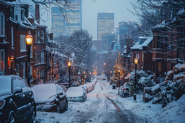 Photo snowy urban street at dusk