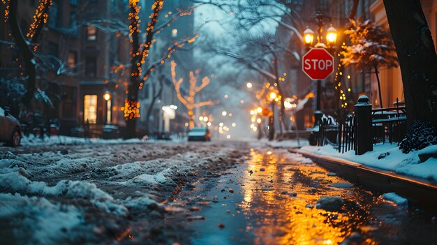 Snowy urban street at night with glowing streetlights a stop sign and a tranquil winter atmosphere