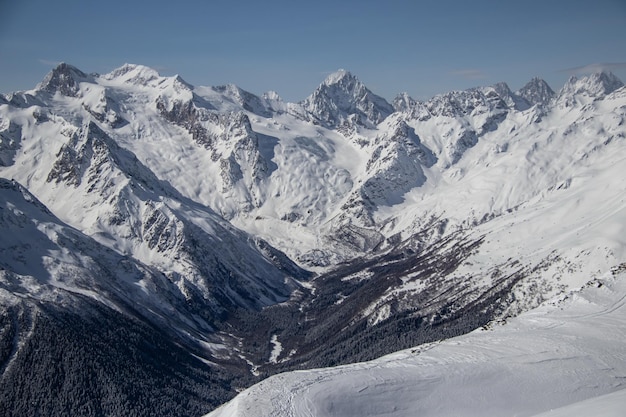 Snowy valley between the mountains of the caucasus