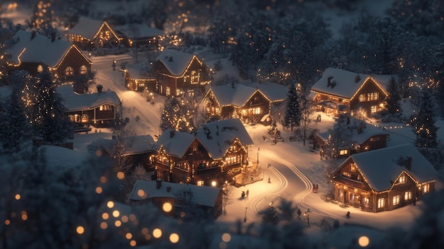 Photo a snowy village adorned with christmas lights at night