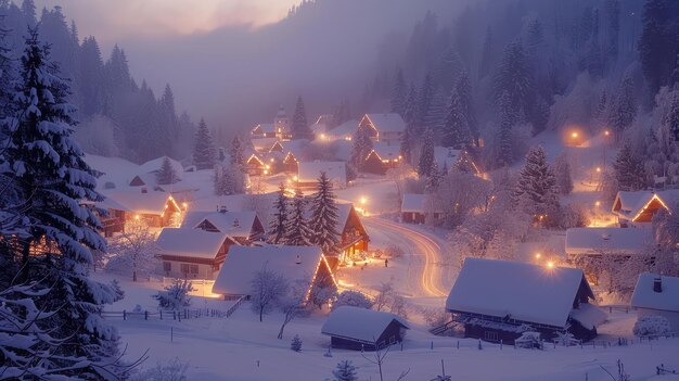 Snowy village illuminated by warm lights during a winter evening