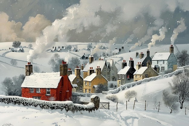 Photo snowy village landscape with red cottage