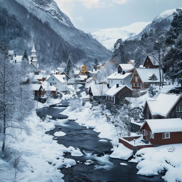 Photo snowy village nestled in a valley with a river flowing through it