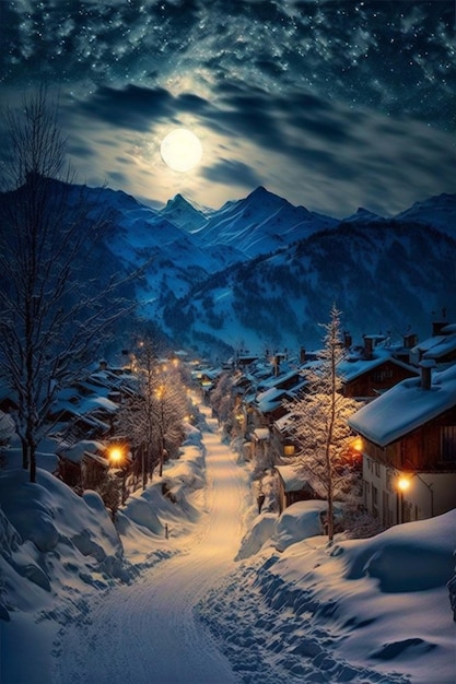 Snowy village at night with a full moon in the sky generative ai