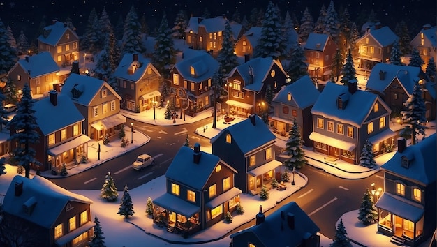 A snowy village at night with lights and Christmas trees