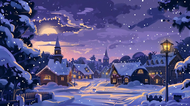 A snowy village scene at night with a full moon in the sky