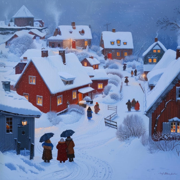 Photo snowy village scene with people walking in the evening