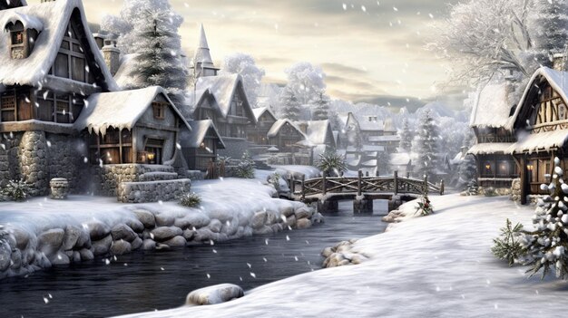 Snowy village with a bridge and a river in the foreground generative ai