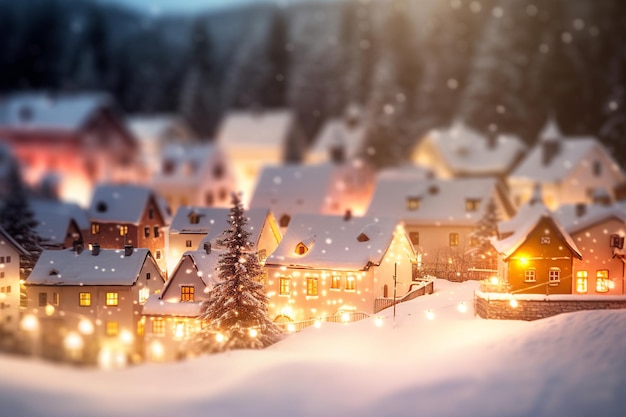 A snowy village with a christmas tree in the foreground