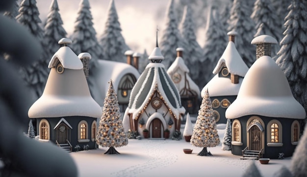 A snowy village with a christmas tree on the left and a snowy village in the background.